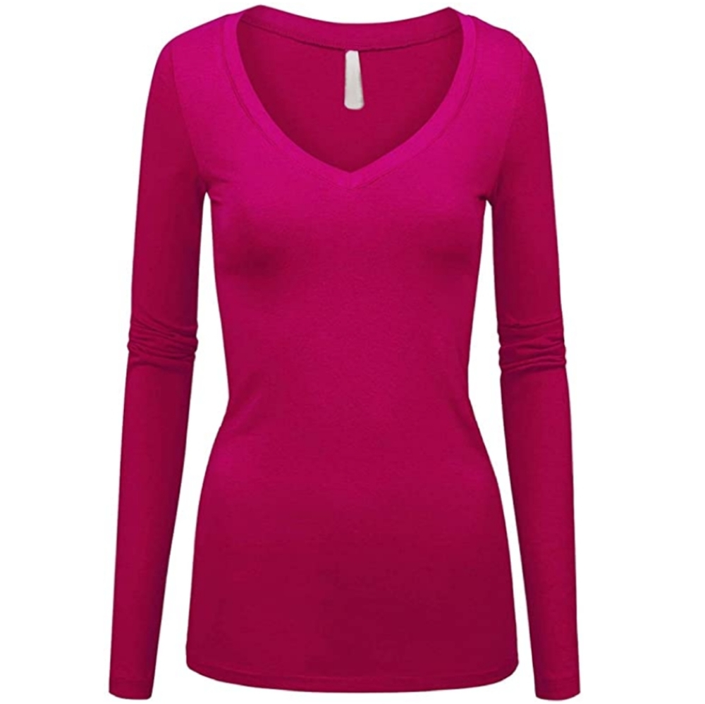 Fuschia deep vneck long sleeve solid fitted top